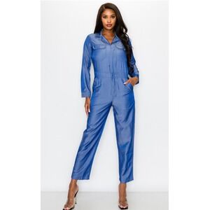 Rosevelvet Blue Long Sleeve Utility Jumpsuit Denim Look Size S Small Zip Front